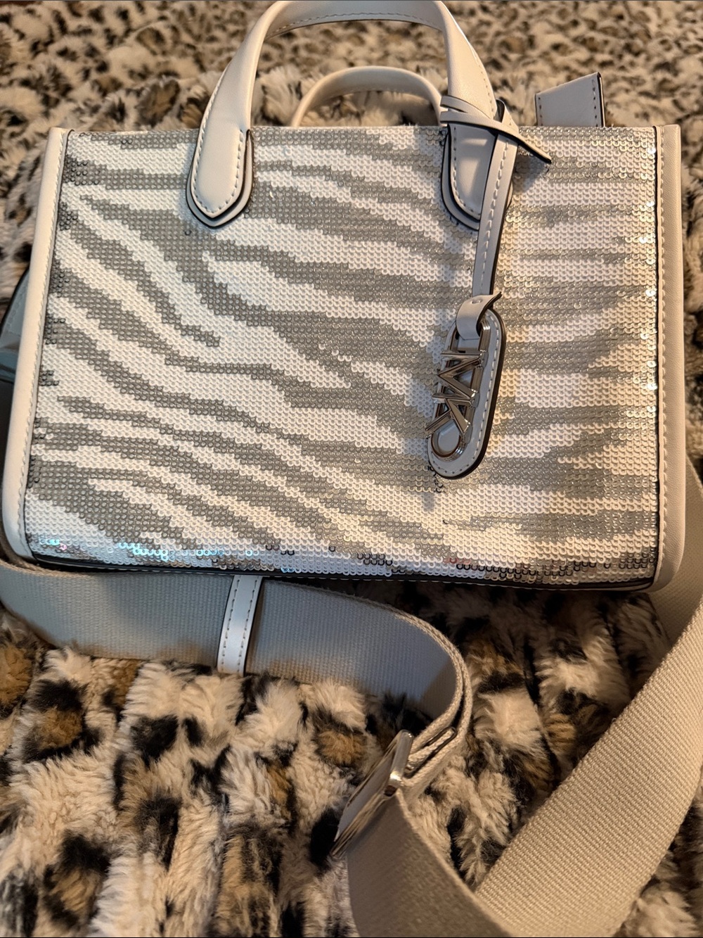 MICHAEL Michael Kors Silver and White Sequin Zebra-Print Satchel